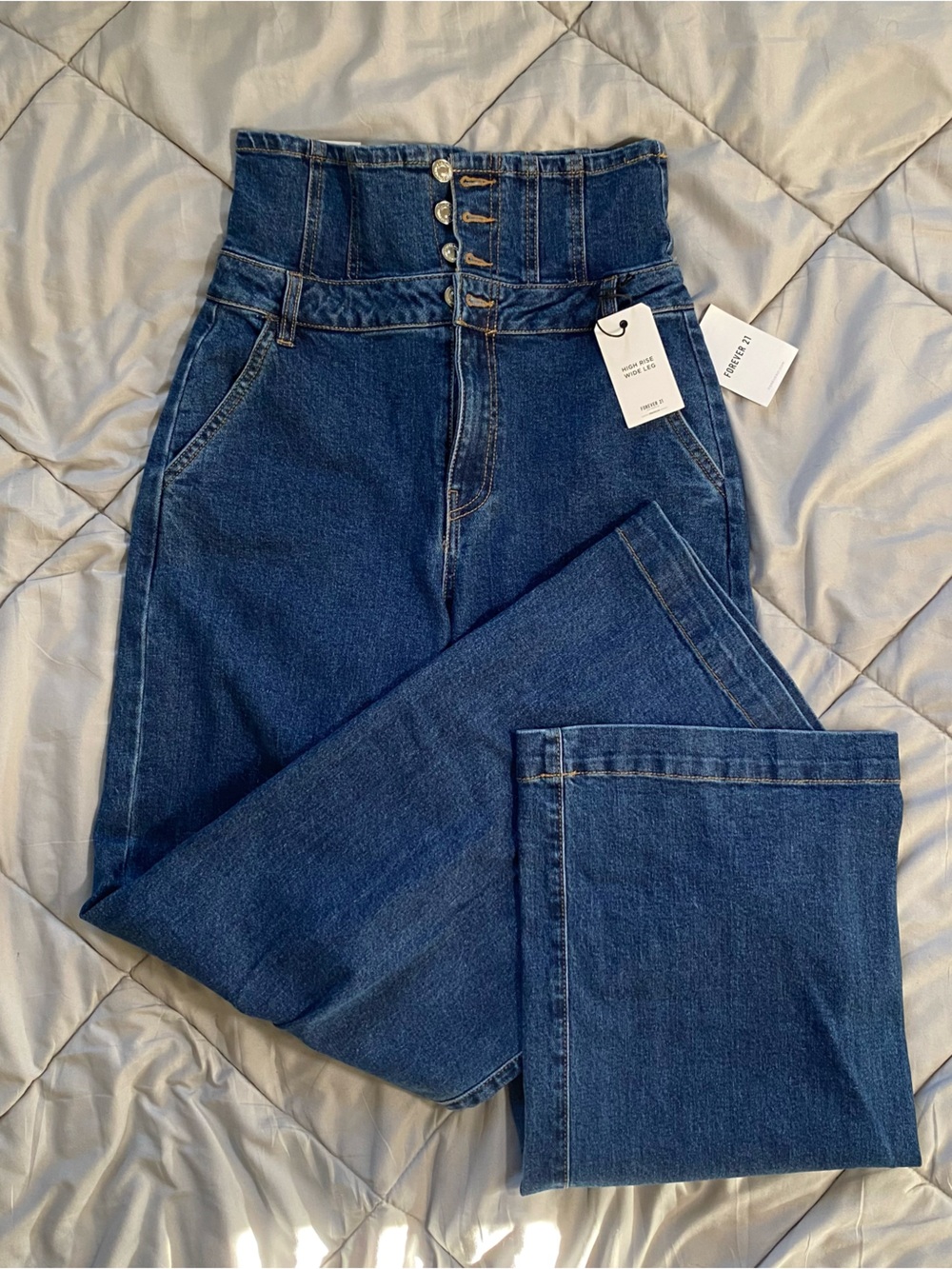 Forever 21 High-Rise Wide Leg Jeans - Dark Blue Denim